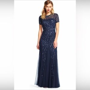 Adrianna Papell Deep Navy Blue short sleeve beaded mesh gown size 12​​​